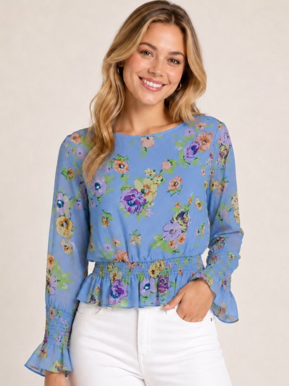 Blue Floral Peplum Blouse Top Romantic Small